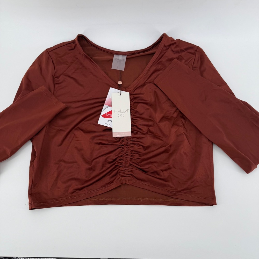 CALIA by Carrie Underwood Womens‎ Ruched Rashguard Long Sleeve Rust Size L